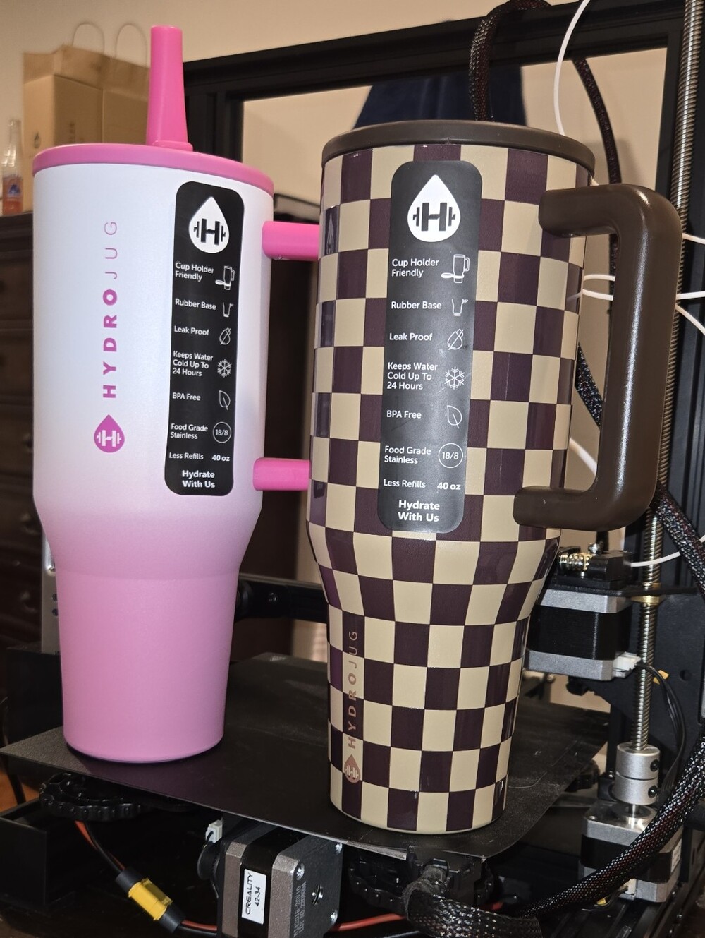 Set Of 2 HydroJug Pink & Brown Checkered Insulated Travel Mug Set